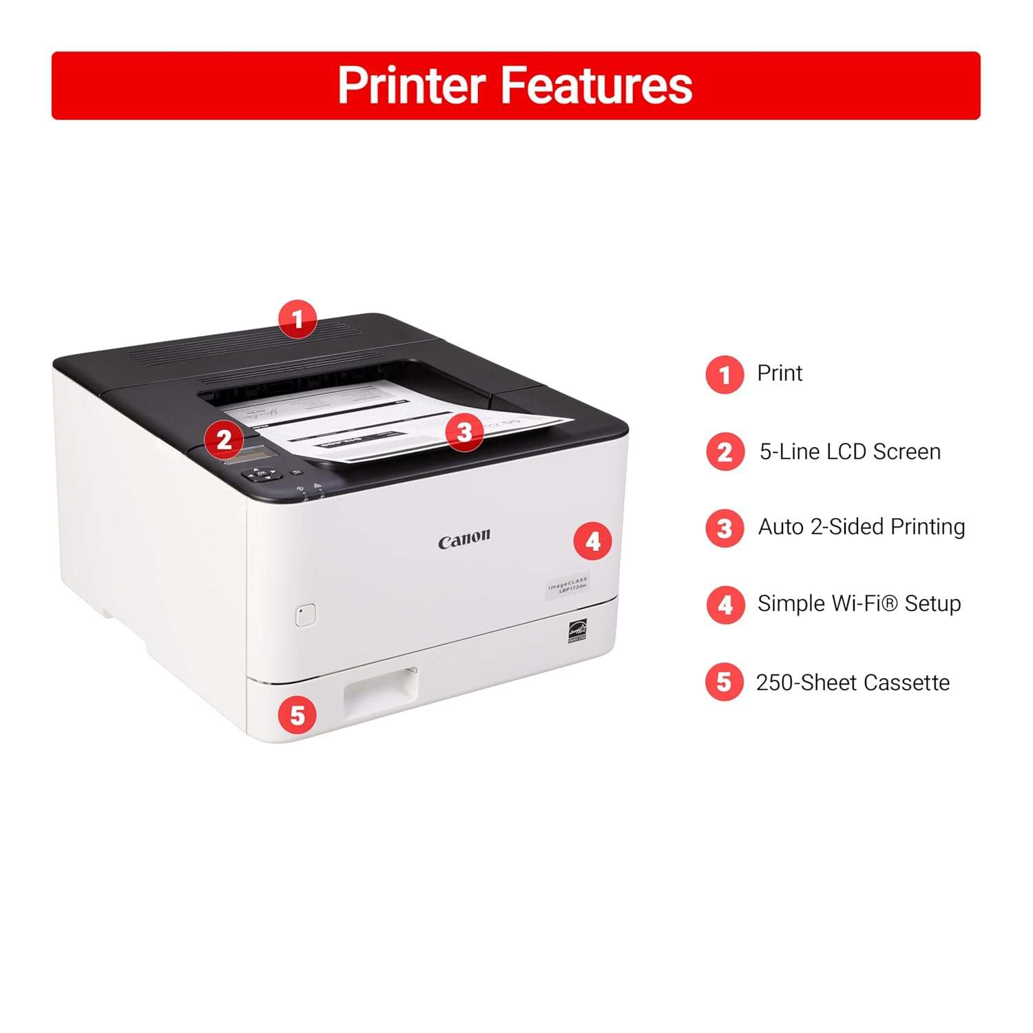 Canon imageCLASS LBP172dw Monochrome Duplex, Wireless Laser Printer, Single Function, Home Office, Mobile Ready, 2 Years Standard Warranty, 35 PPM, White Canon imageCLASS LBP172dw Monochrome Duplex, Wireless Laser Printer, Single Function, Home Office, Mobile Ready, 2 Years Standard Warranty, 35 PPM, White